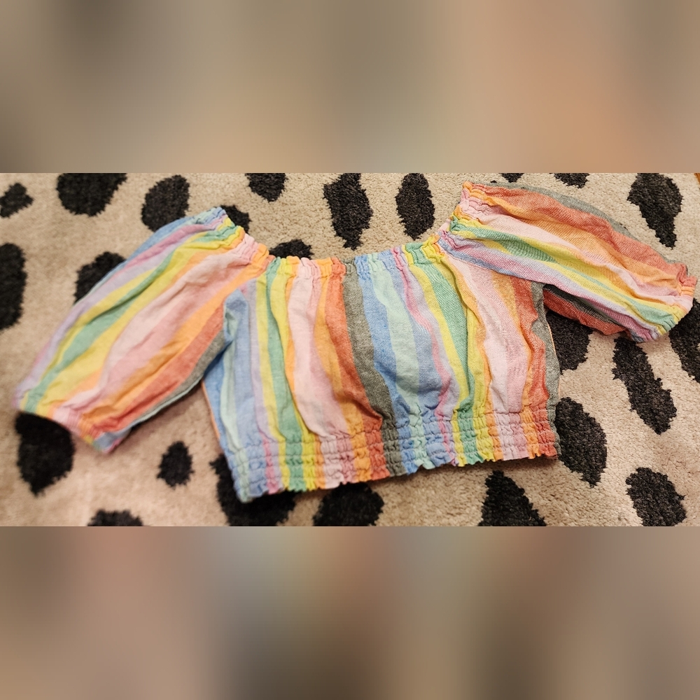 GAP Colorful Striped Linen-Cotton Puff Sleeve Top Size XS